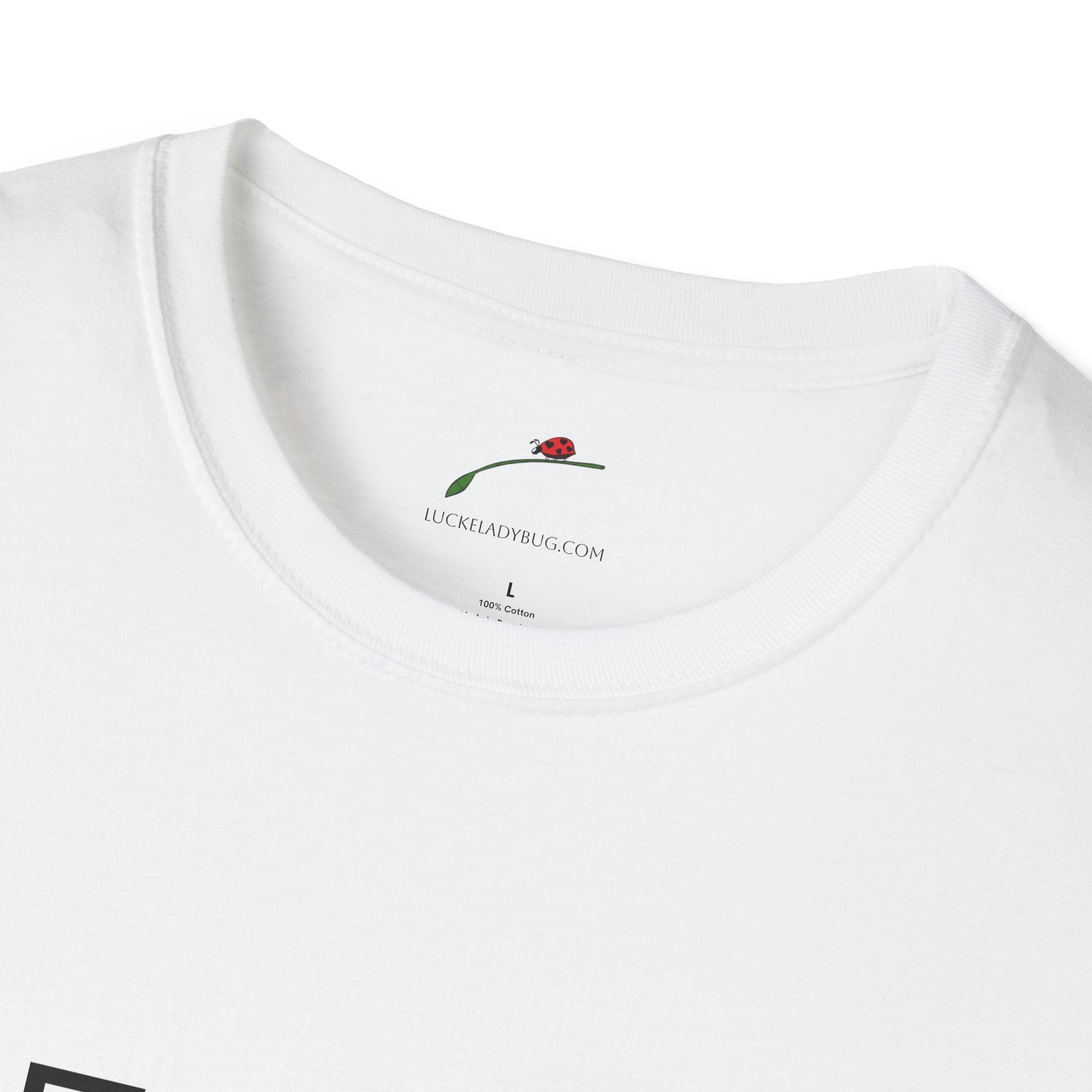 Close-up of white forty something t shirt collar from LuckeLadybug with printed tag inside neckline