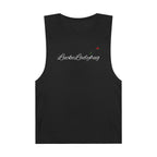 LuckeLadybug black tank top with script logo and small ladybug detail novelty tank top for summer