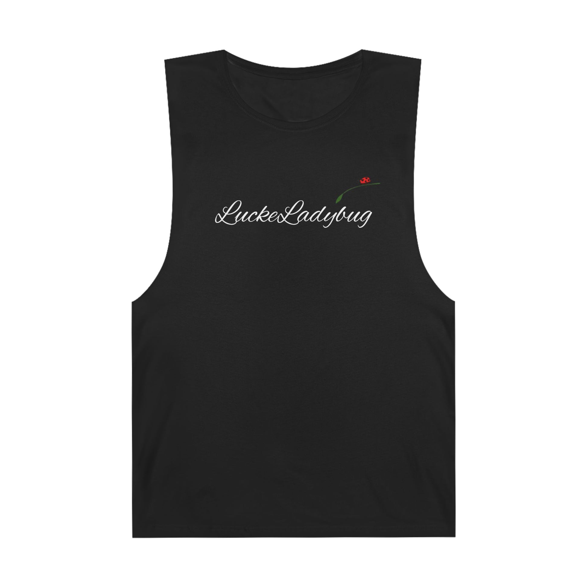 LuckeLadybug black tank top with script logo and small ladybug detail novelty tank top for summer