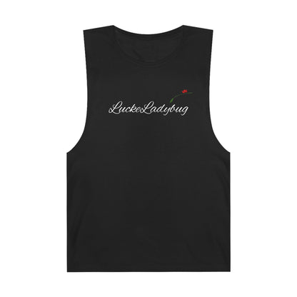 LuckeLadybug black tank top with script logo and small ladybug detail novelty tank top for summer