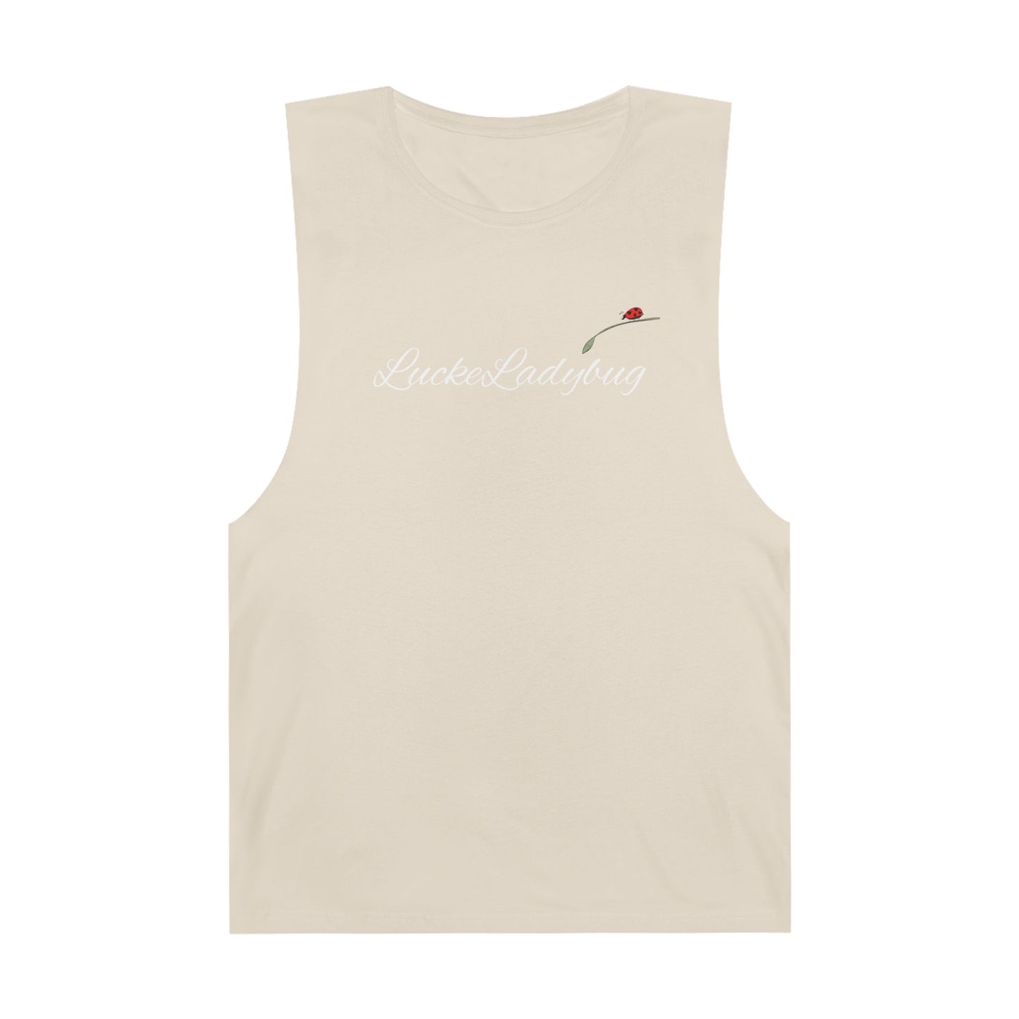 LuckeLadybug beige novelty tank top for summer with small ladybug and script logo design