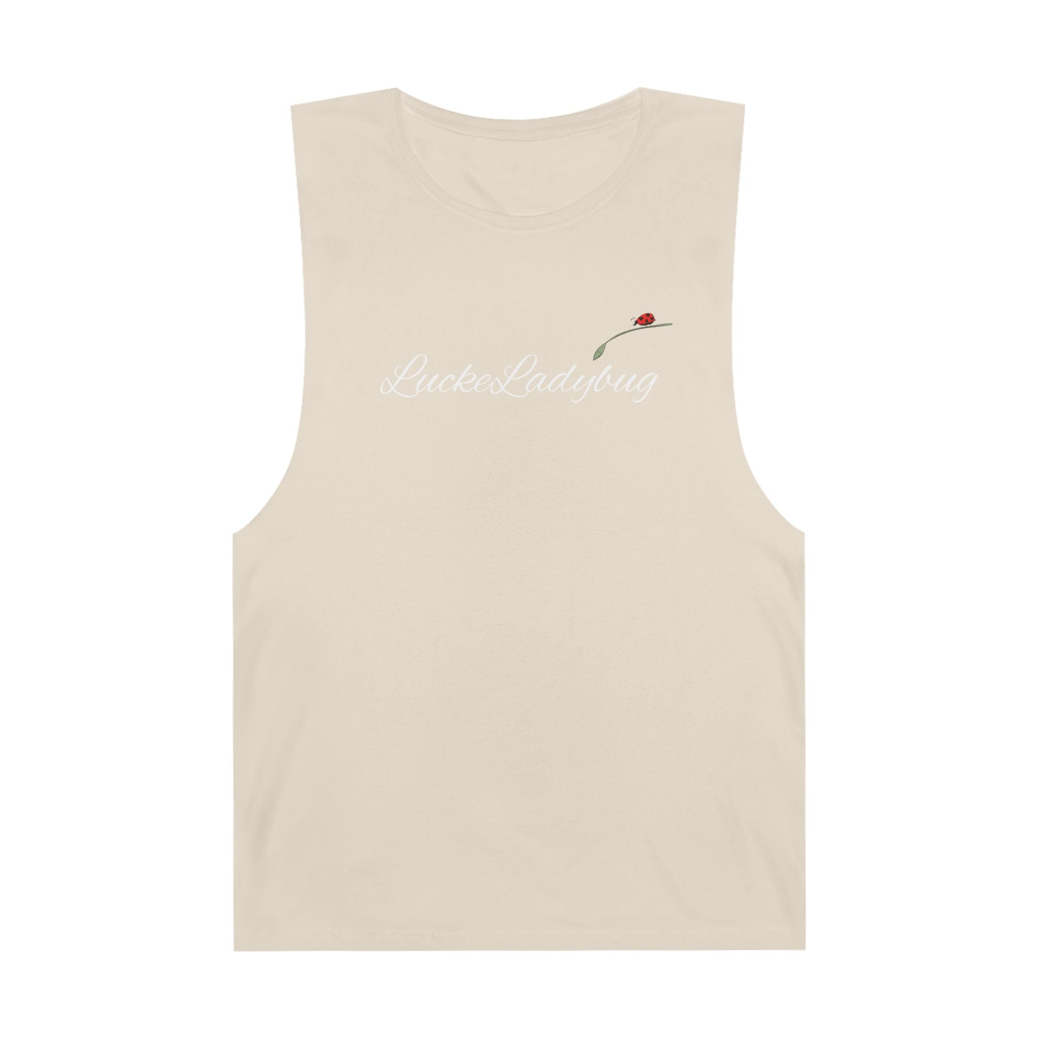 LuckeLadybug beige novelty tank top for summer with small ladybug and script logo design