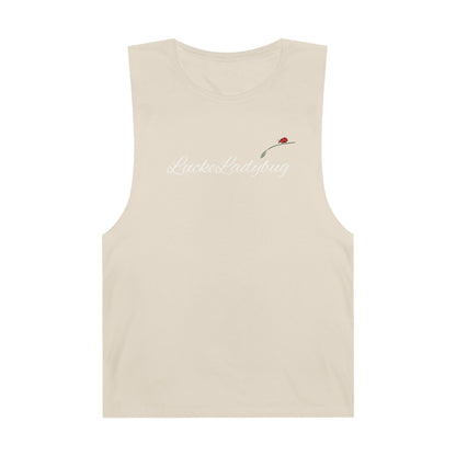 LuckeLadybug beige novelty tank top for summer with small ladybug and script logo design