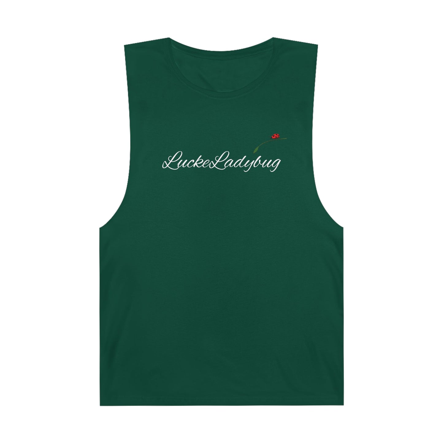 LuckeLadybug green novelty tank top for summer with white logo and small red ladybug graphic