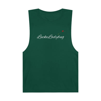 LuckeLadybug green novelty tank top for summer with white logo and small red ladybug graphic