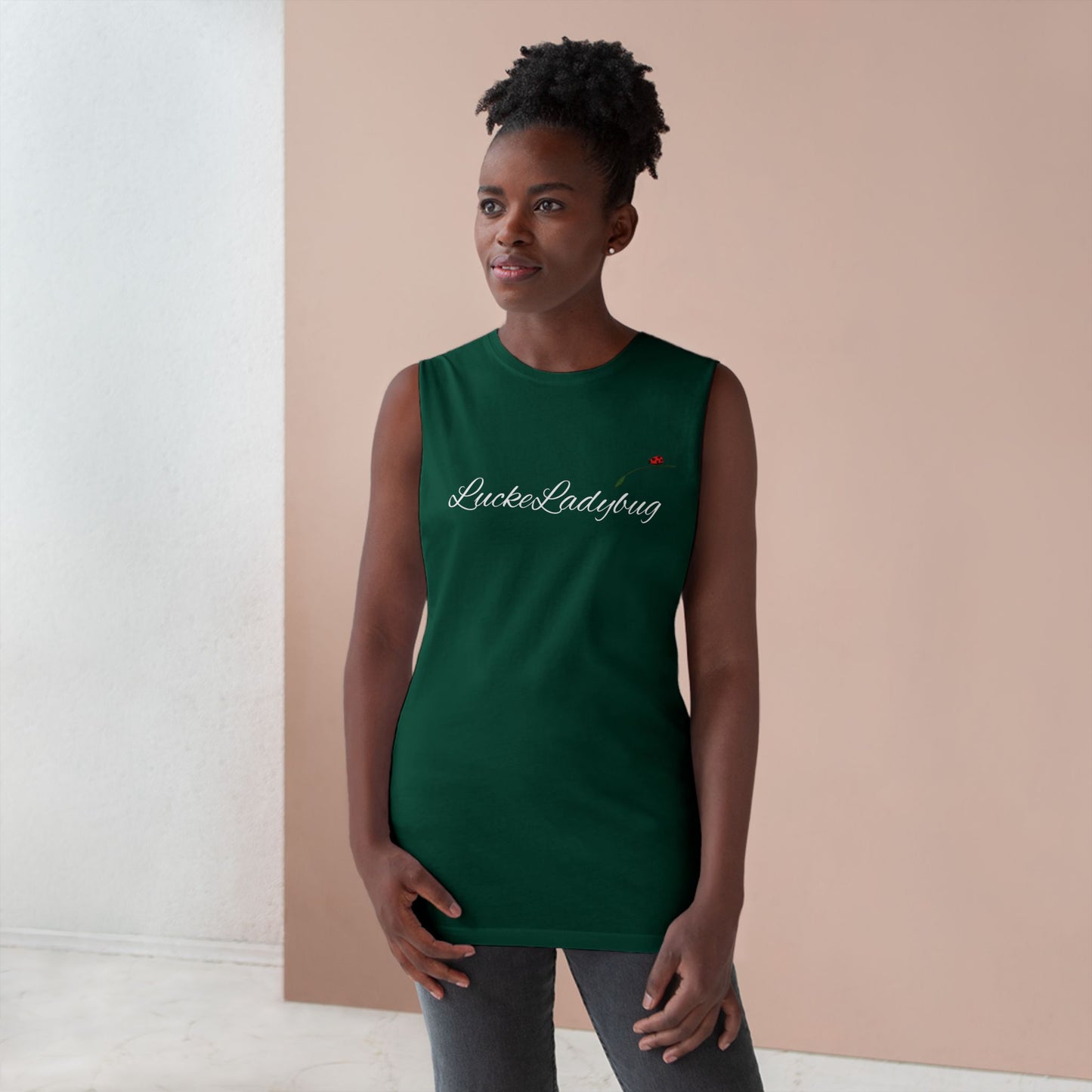 LuckeLadybug green novelty tank top for summer worn by woman with natural hair in casual setting