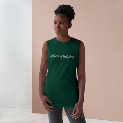 LuckeLadybug green novelty tank top for summer worn by woman with natural hair in casual setting