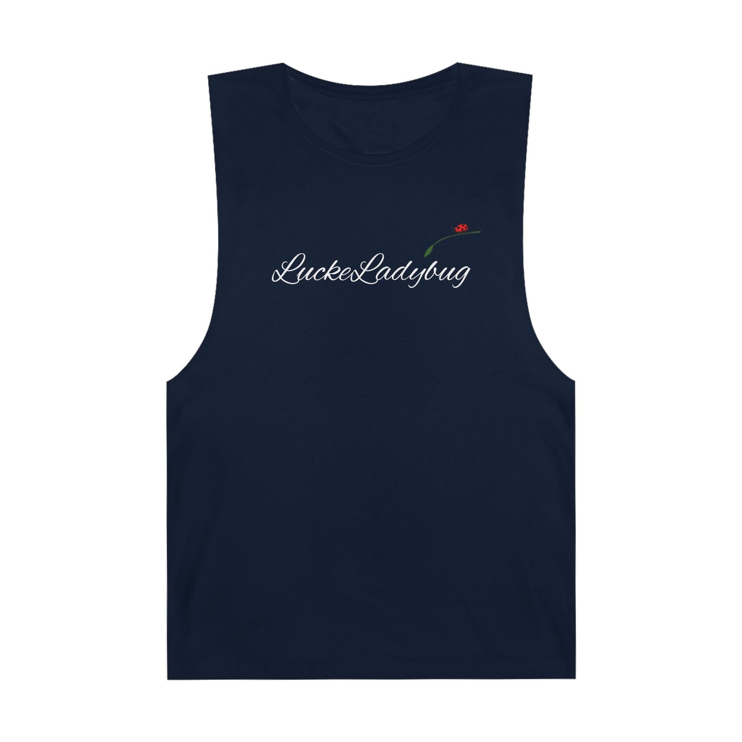 LuckeLadybug navy blue novelty tank top for summer with small floral logo on chest