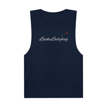 LuckeLadybug navy blue novelty tank top for summer with small floral logo on chest