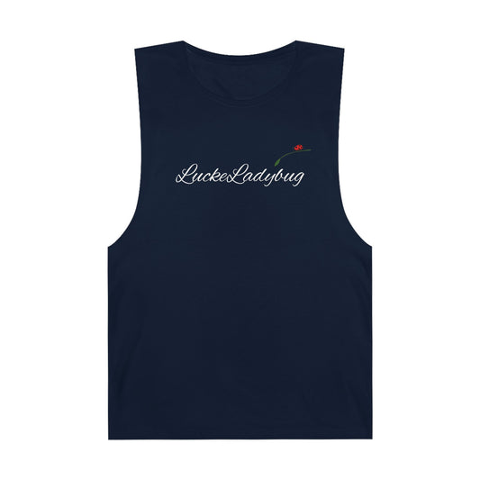 LuckeLadybug navy blue novelty tank top for summer with small floral logo on chest