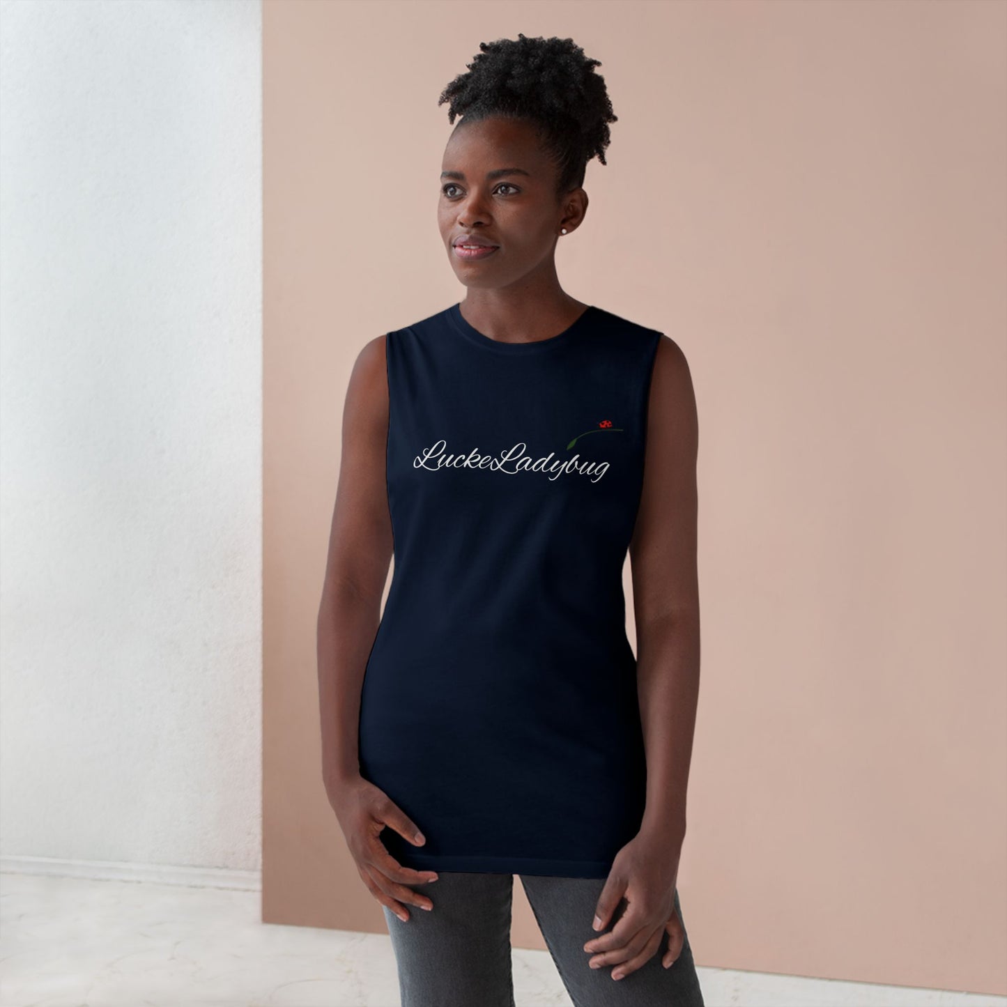LuckeLadybug black novelty tank top for summer worn by woman with natural hair in casual setting