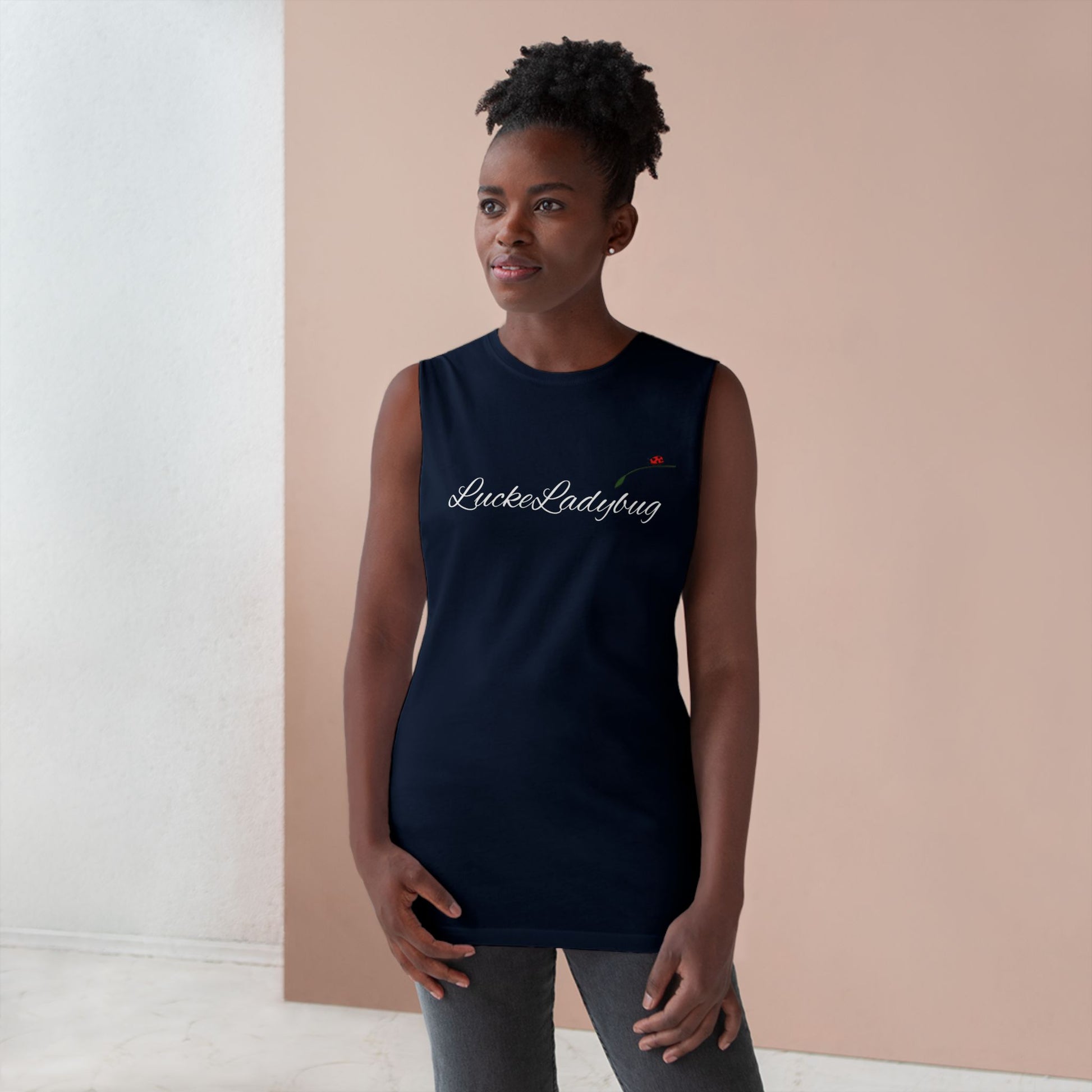 LuckeLadybug black novelty tank top for summer worn by woman with natural hair in casual setting