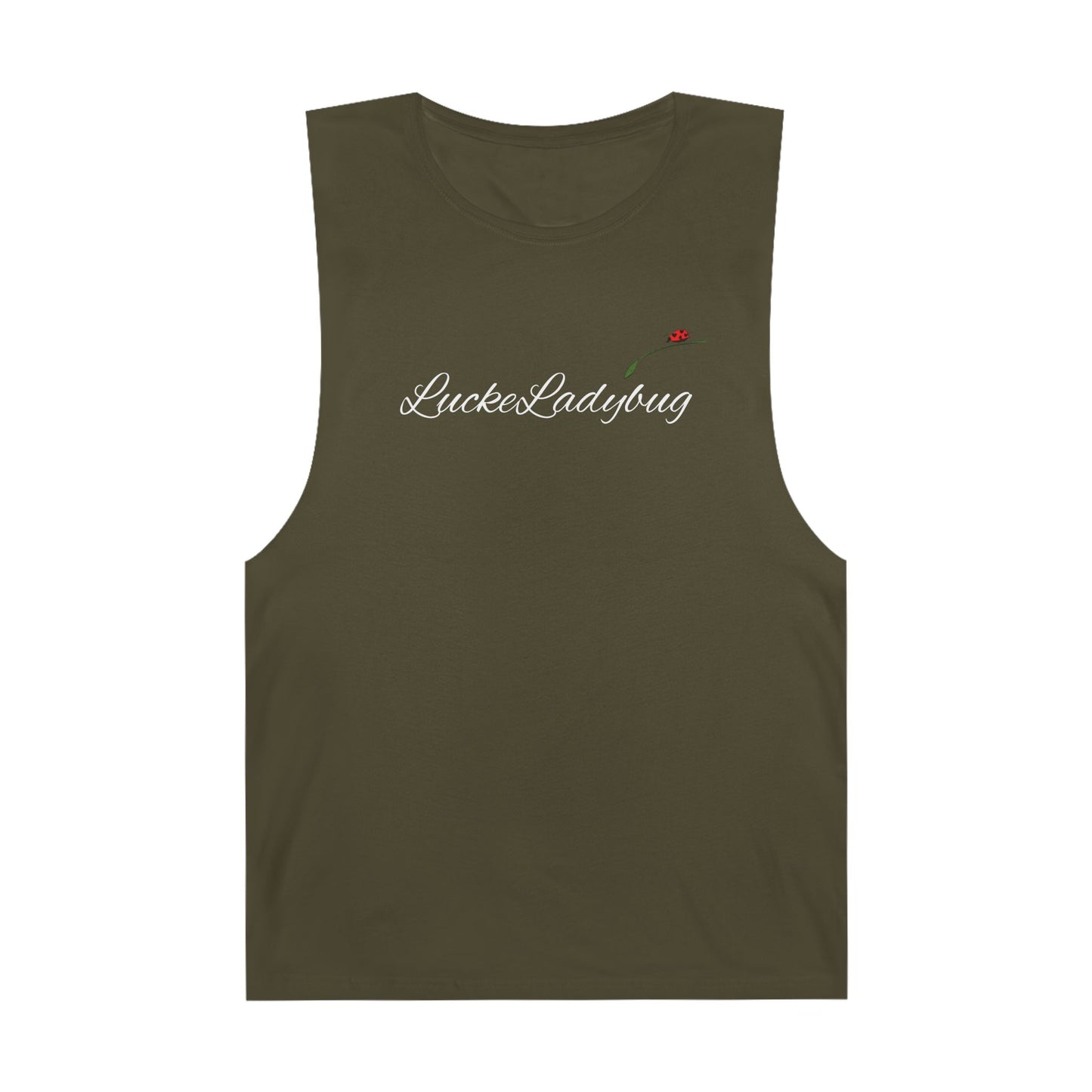 Olive green LuckeLadybug novelty tank top for summer with sleeveless design and small embroidered logo