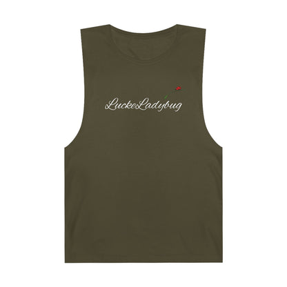 Olive green LuckeLadybug novelty tank top for summer with sleeveless design and small embroidered logo