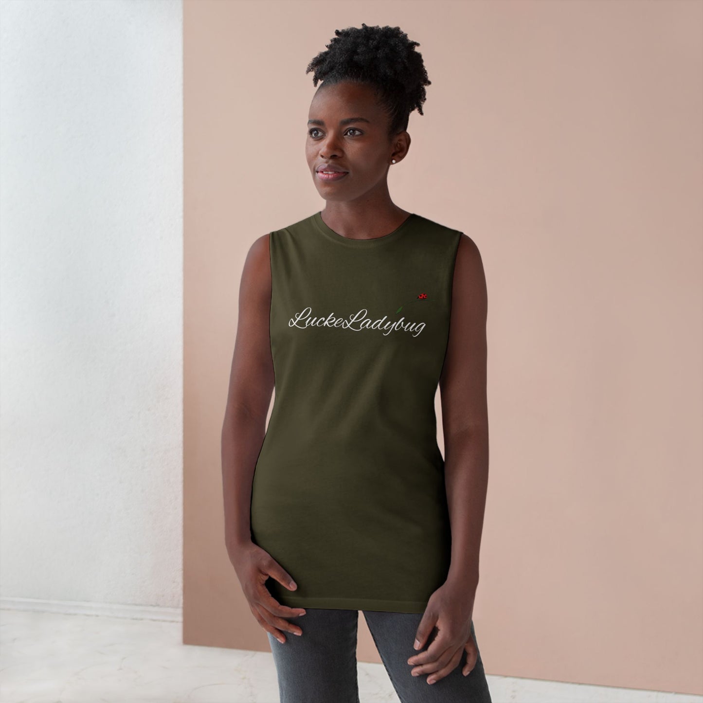 LuckeLadybug novelty tank top for summer in olive green worn by woman with natural hair