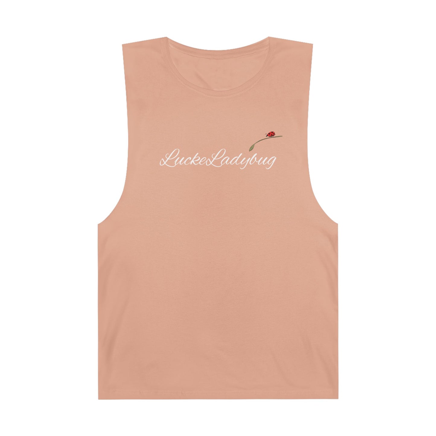 LuckeLadybug beige novelty tank top for summer with ladybug graphic and script logo