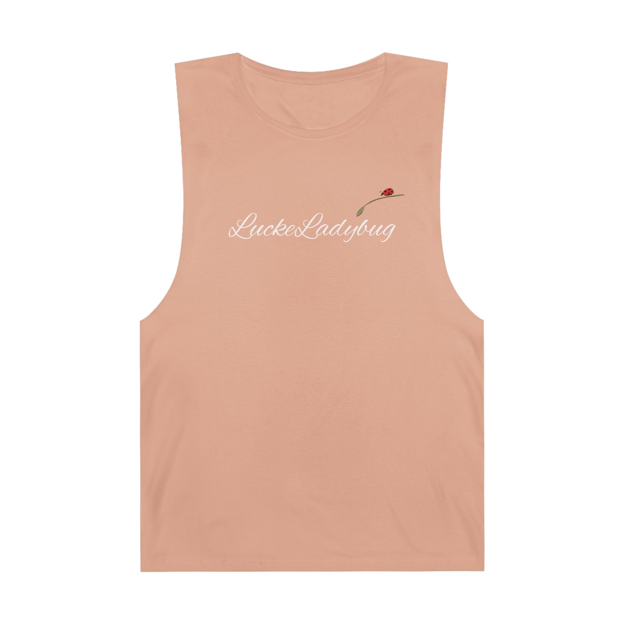 LuckeLadybug beige novelty tank top for summer with ladybug graphic and script logo