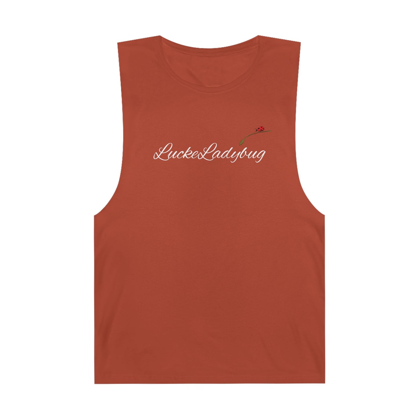 LuckeLadybug rust-colored novelty tank top for summer with minimalist logo and ladybug graphic