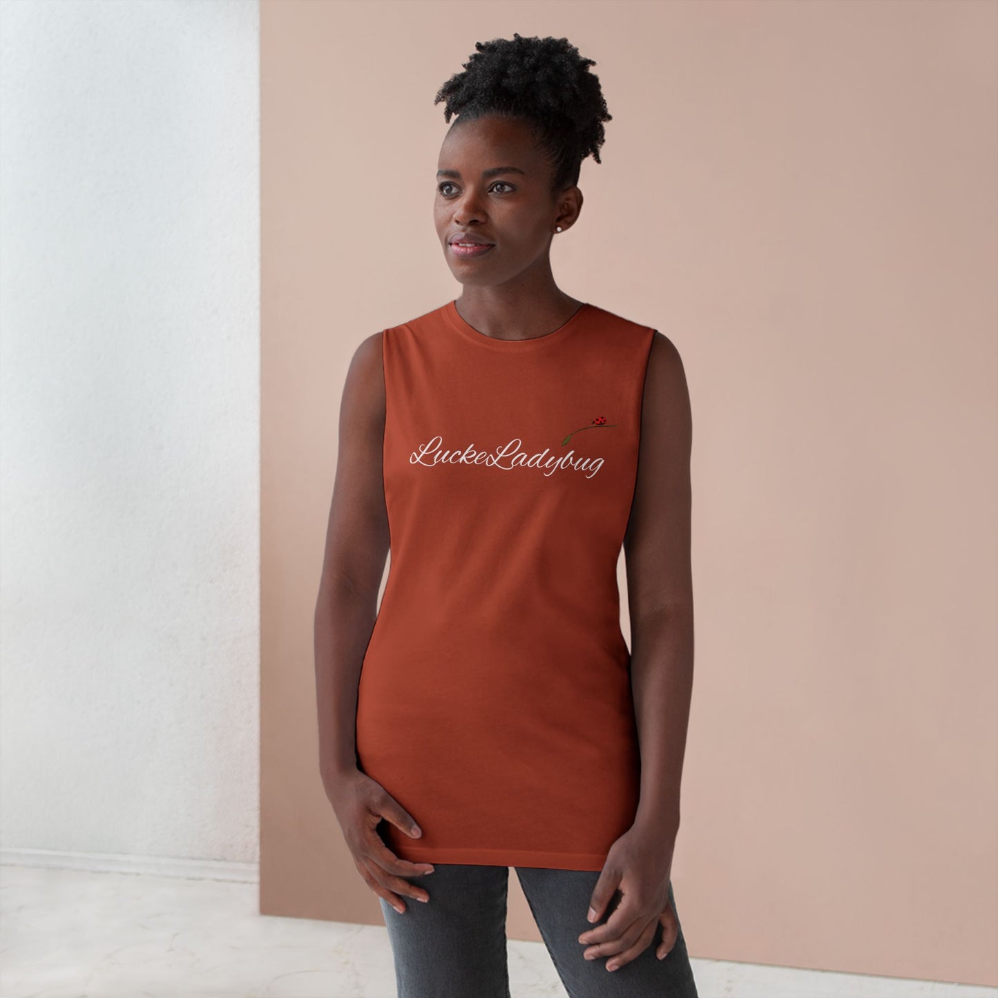 LuckeLadybug novelty tank top for summer in rust color worn by woman with natural hair