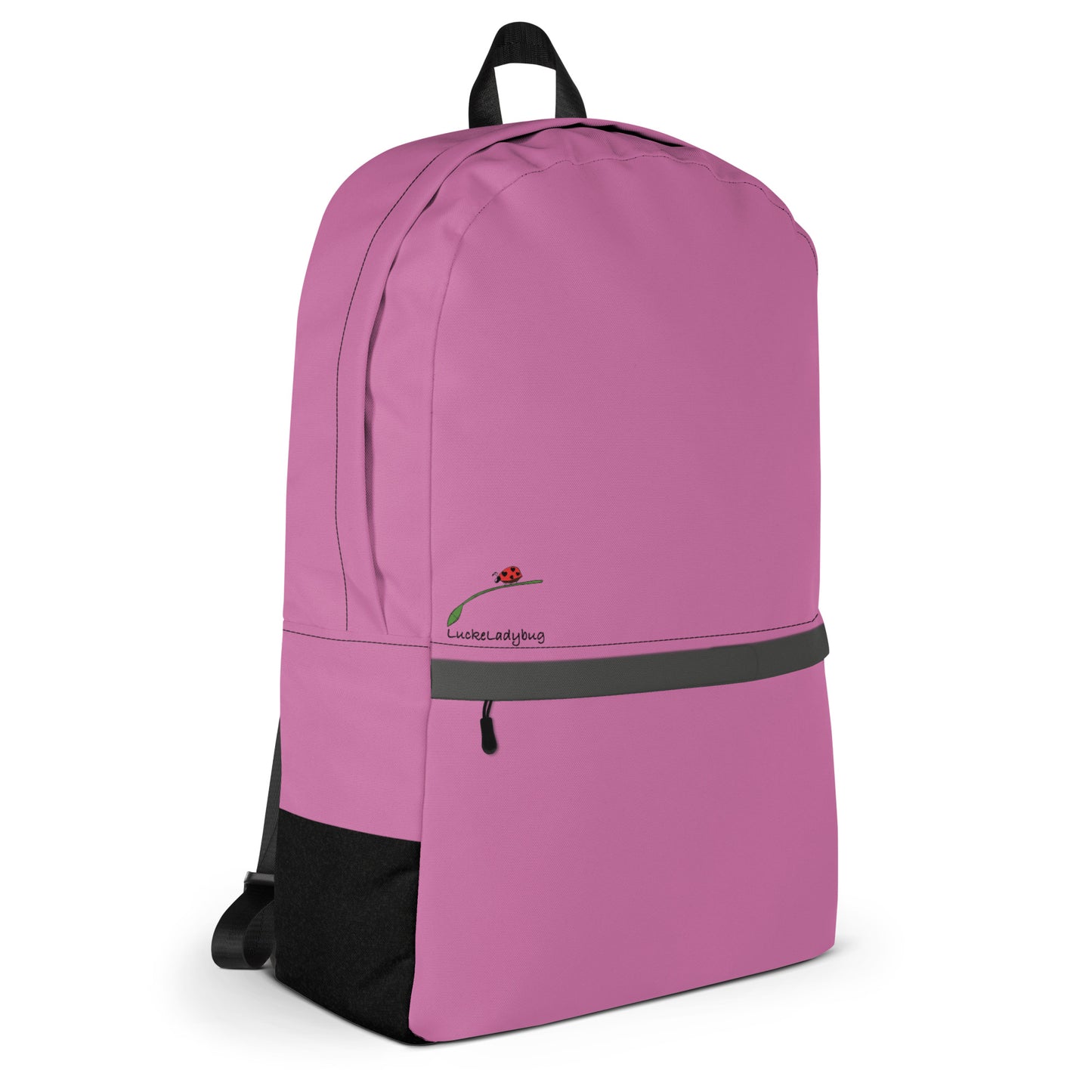LuckeLadybug pink backpack for teens and adults with black bottom and front zipper pocket