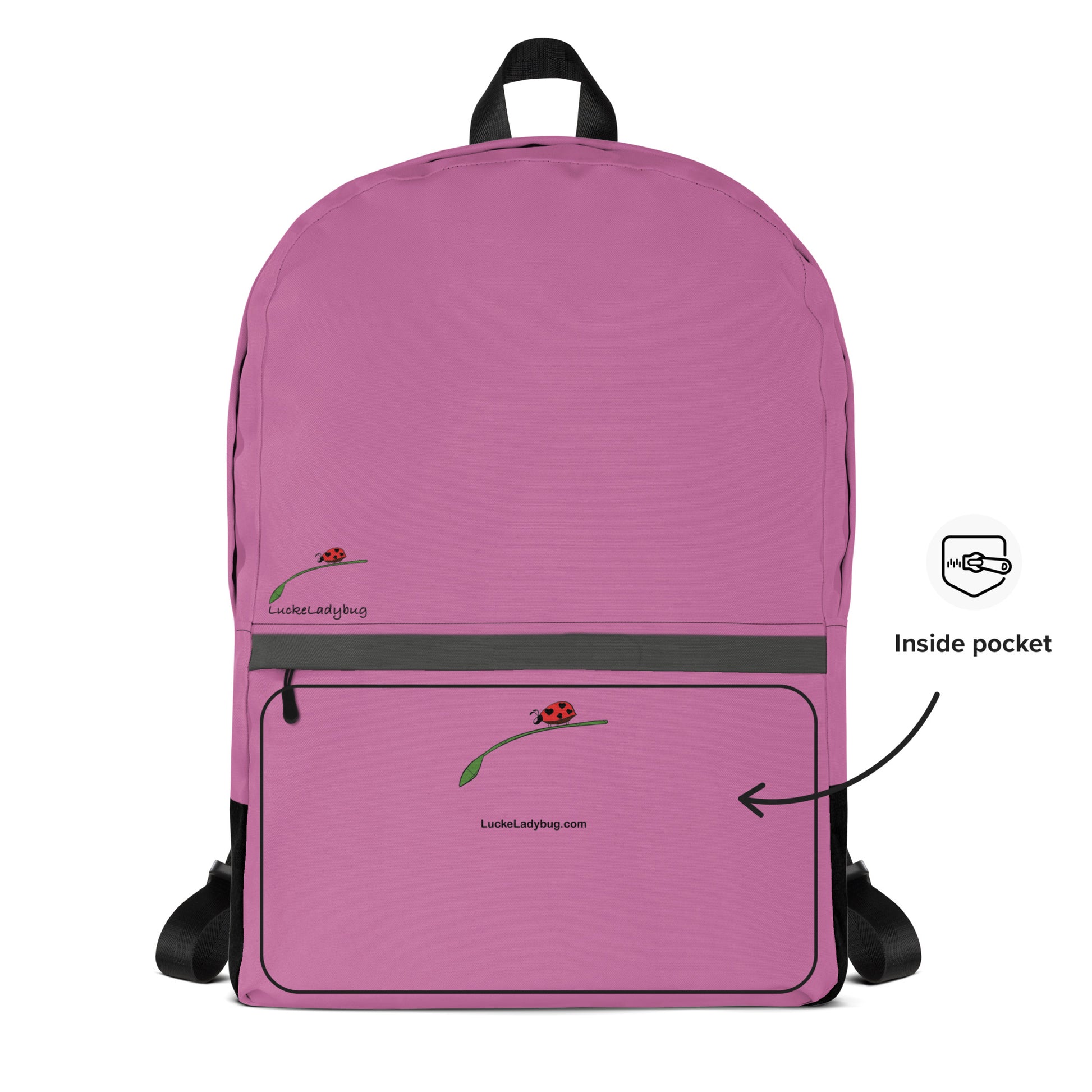 Pink backpack for teens and adults by LuckeLadybug with front pocket and ladybug design