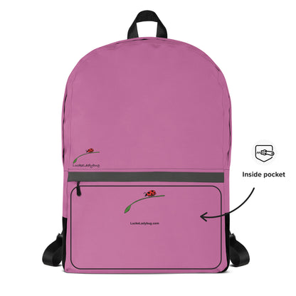 Pink backpack for teens and adults by LuckeLadybug with front pocket and ladybug design