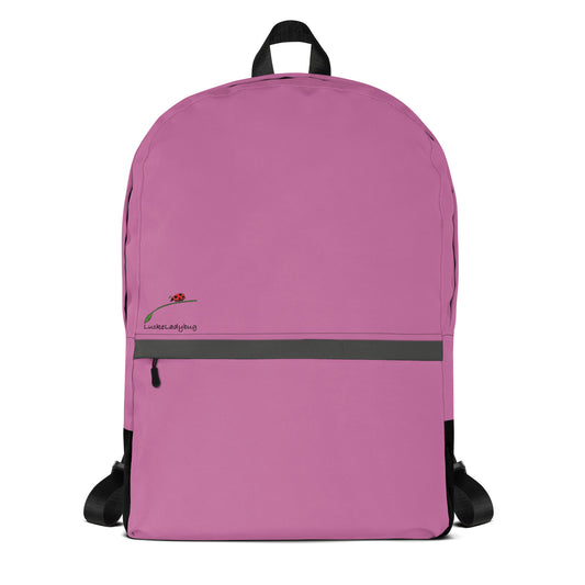 LuckeLadybug simple pink backpack for teens and adults with front zipper pocket and black straps