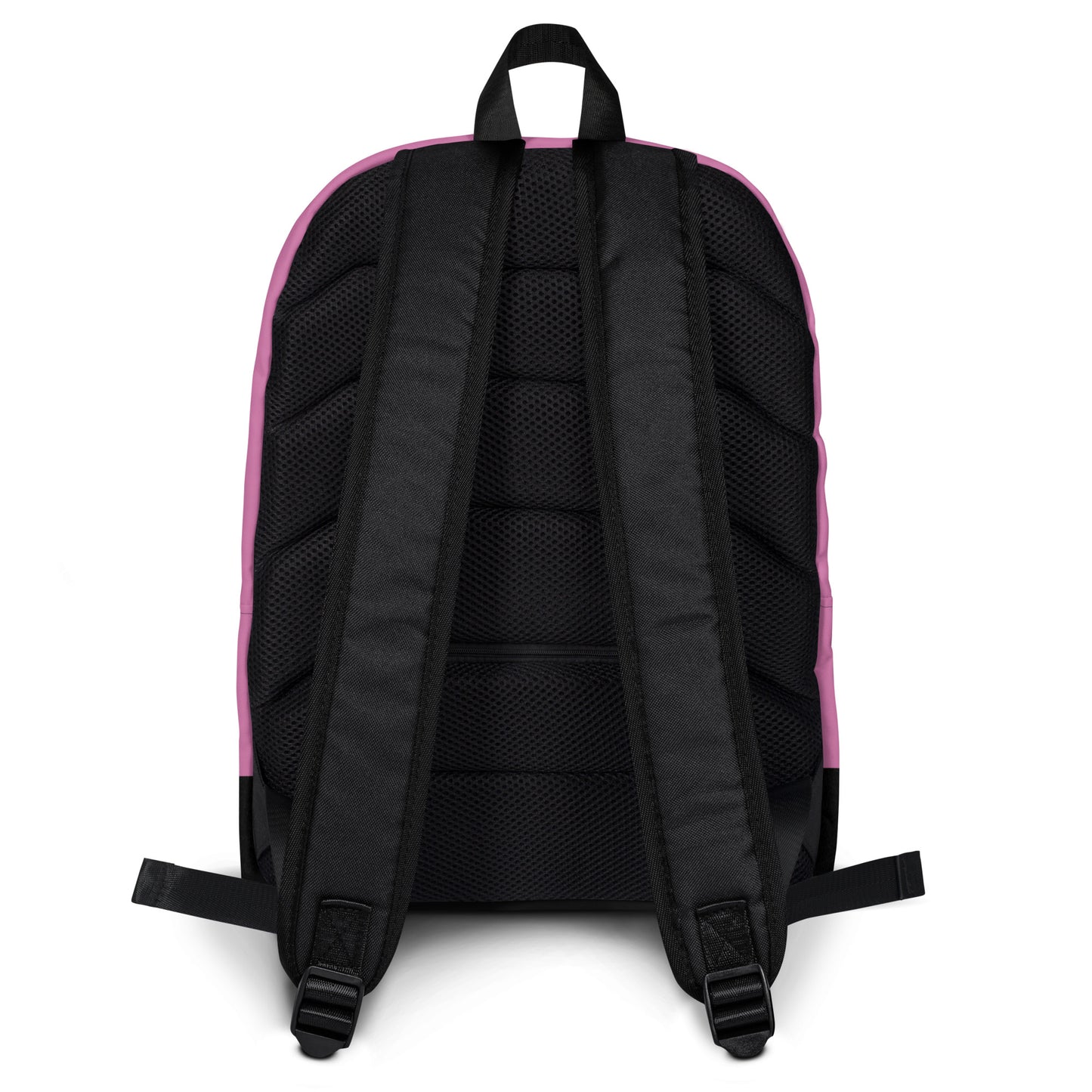 Back view of LuckeLadybug pink backpack for teens and adults with padded black shoulder straps