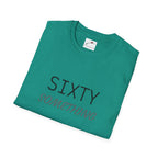 LuckeLadybug teal sixty something birthday shirt with bold black and brown text design