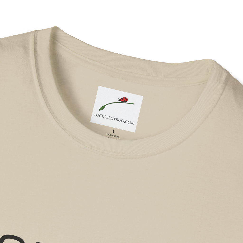 LuckeLadybug beige t-shirt with sixty something birthday shirt text and crew neck design