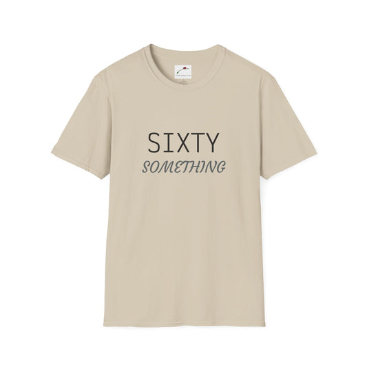 LuckeLadybug beige sixty something birthday shirt with minimalist black text design
