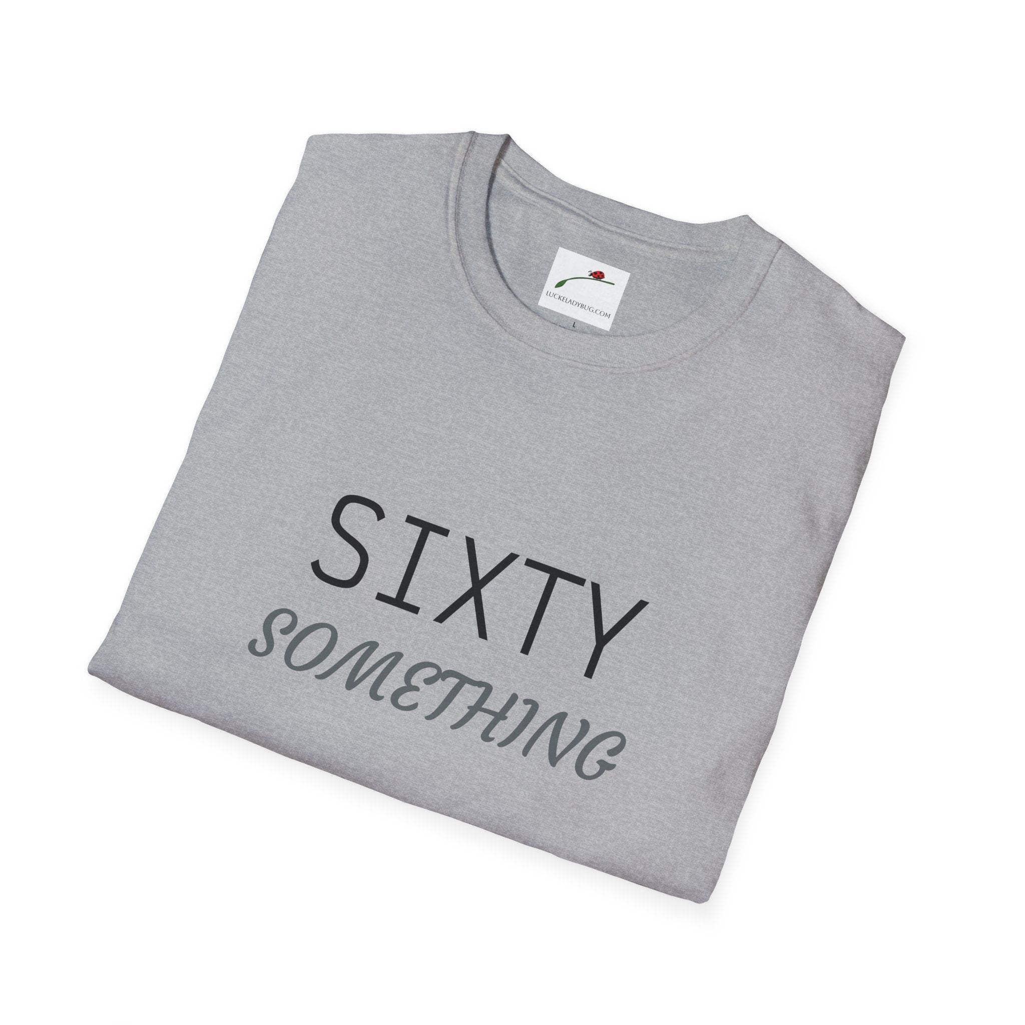 Gray LuckeLadybug sixty something birthday shirt with black and gray text folded neatly