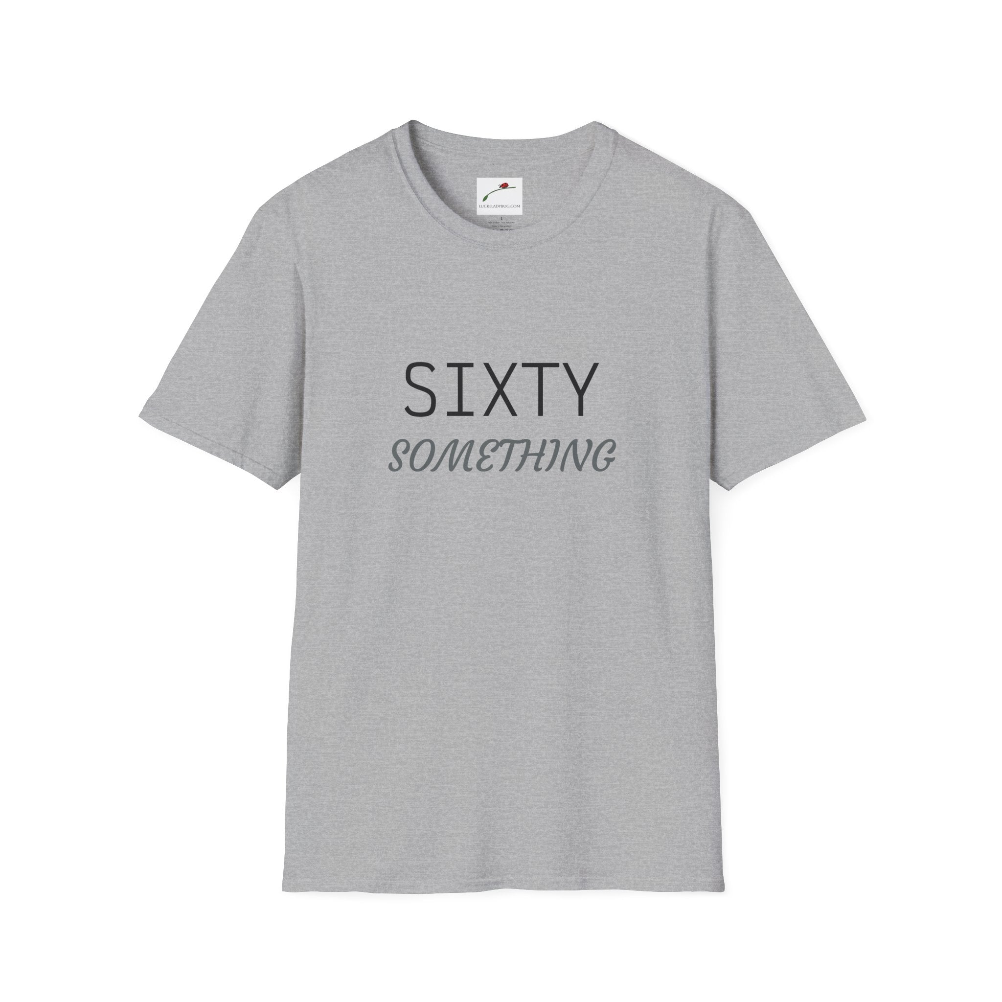 LuckeLadybug gray sixty something birthday shirt with minimalist black text design