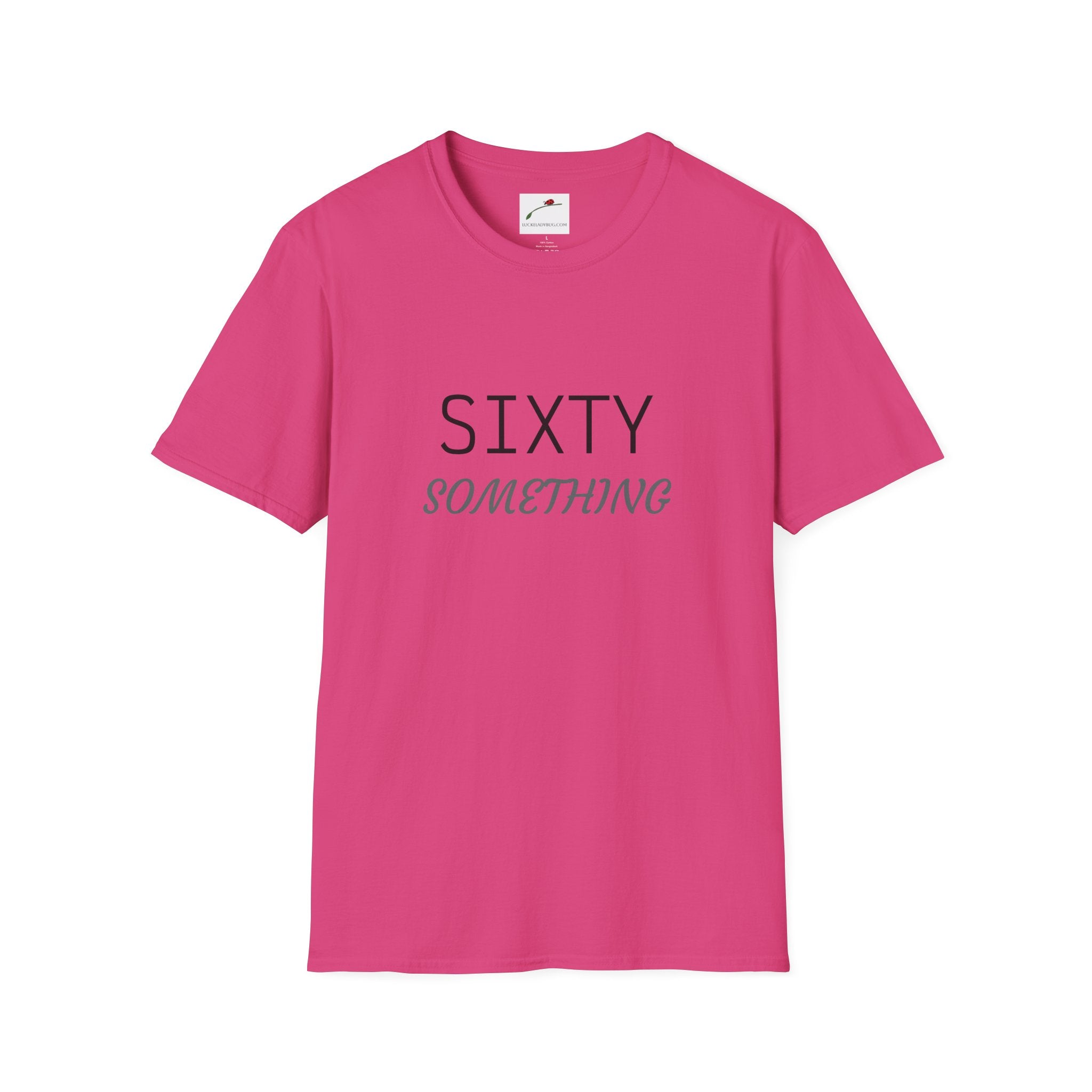 Pink LuckeLadybug sixty something birthday shirt with simple black and gray text design