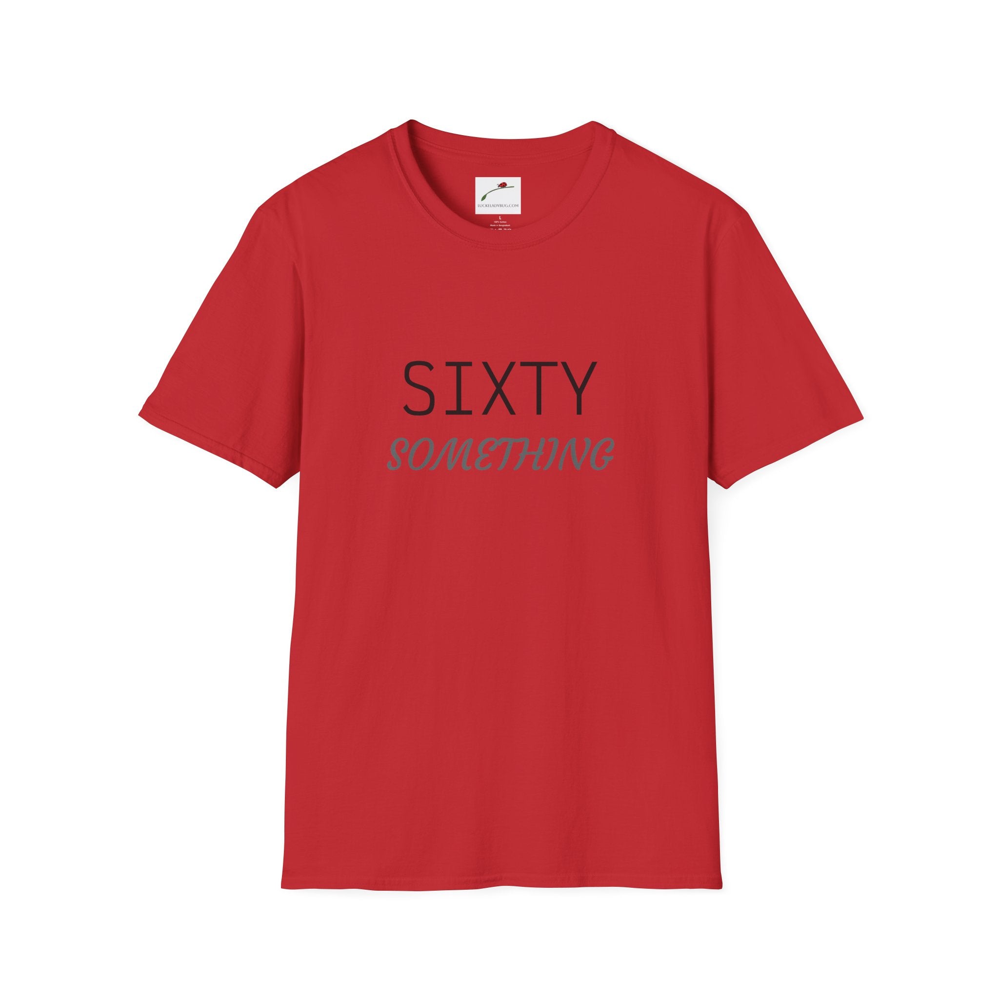 Red LuckeLadybug sixty something birthday shirt with simple text design on front
