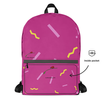 LuckeLadybug stylish school backpack in pink with yellow and light pink abstract patterns and front zipper pocket