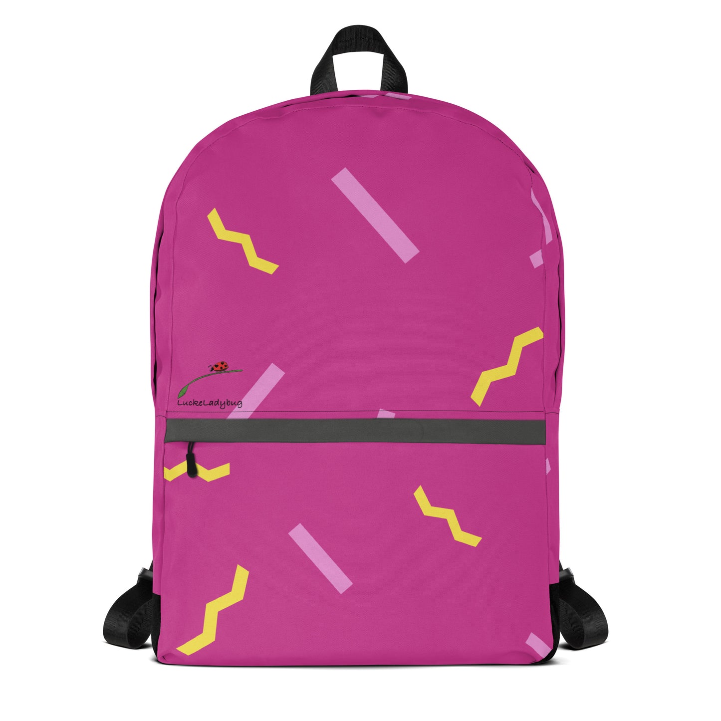 LuckeLadybug pink stylish school backpack with yellow and light pink geometric patterns
