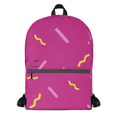 LuckeLadybug pink stylish school backpack with yellow and light pink geometric patterns