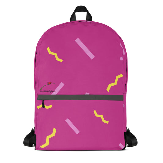 LuckeLadybug pink stylish school backpack with yellow and light pink geometric patterns