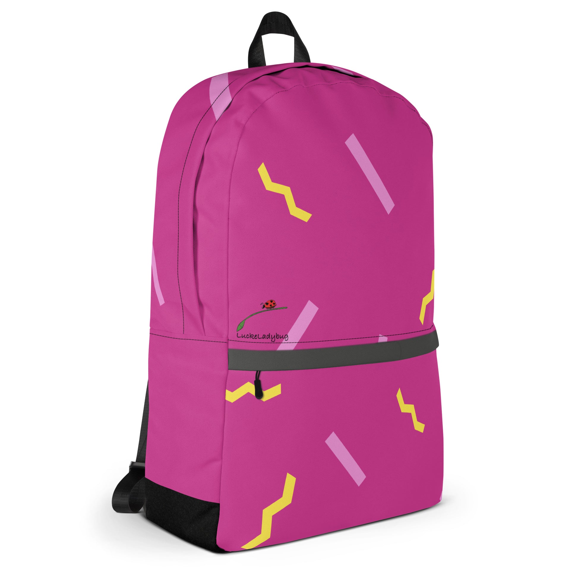 LuckeLadybug pink stylish school backpack with yellow and purple geometric patterns and black straps