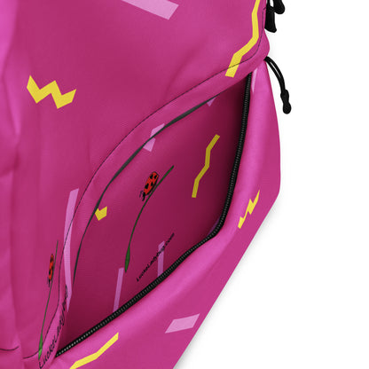 Pink LuckeLadybug stylish school backpack with colorful geometric and ladybug pattern