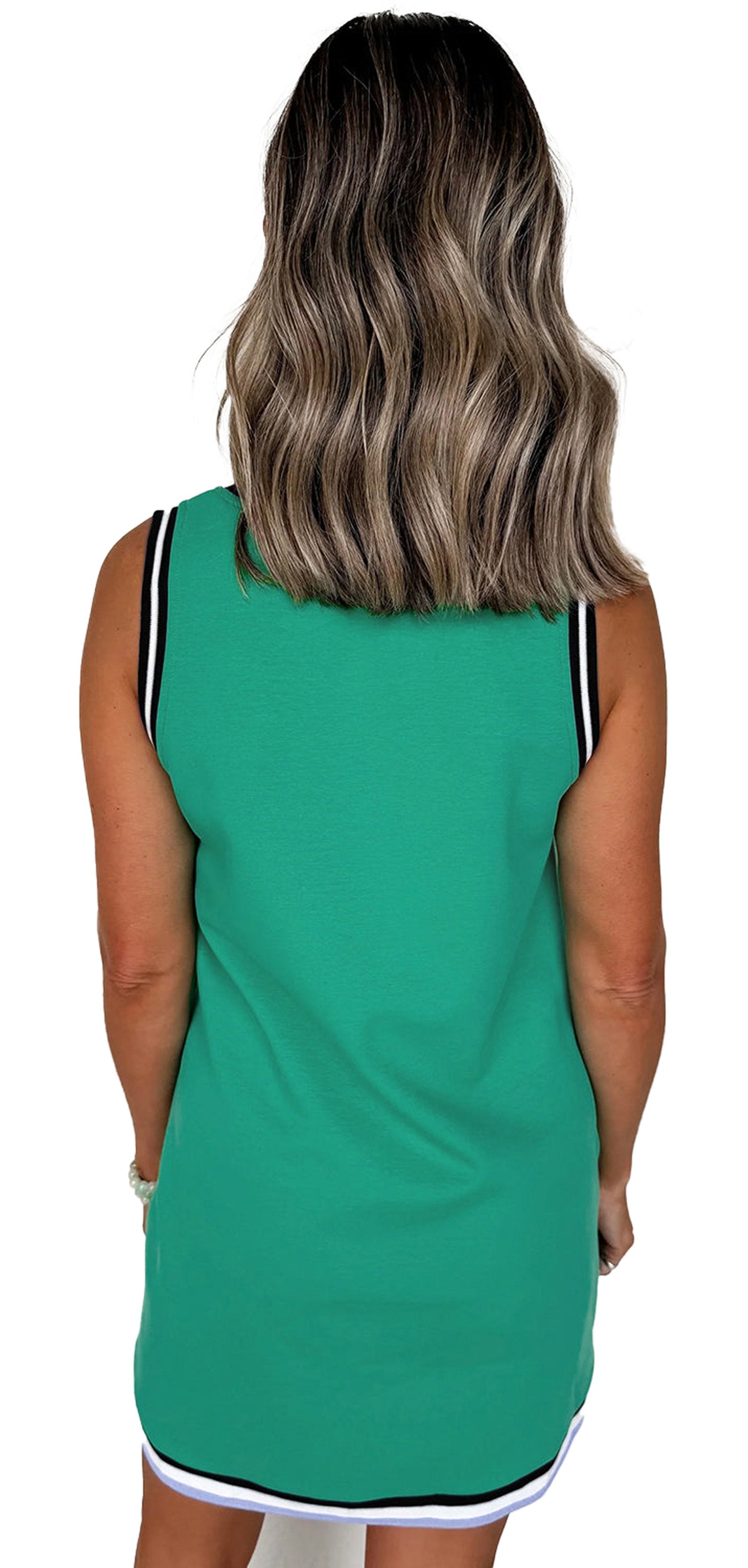 Back view of myosotis sleeveless v neck mini dress in green with black and white trim sporty H Line