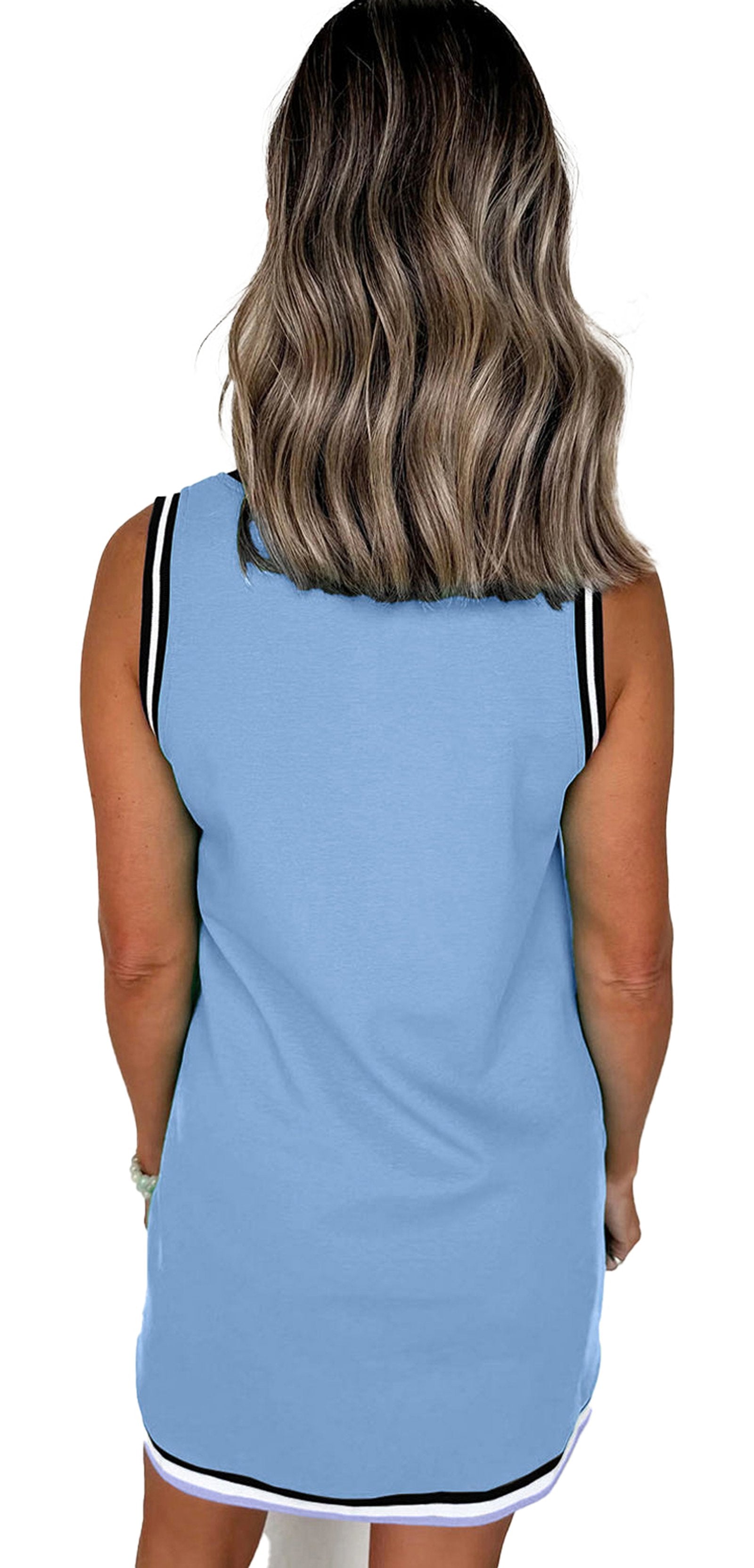 Back view of model in LuckeLadybug H Line light blue myosotis sleeveless v neck mini dress with black white trim
