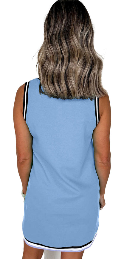 Back view of model in LuckeLadybug H Line light blue myosotis sleeveless v neck mini dress with black white trim