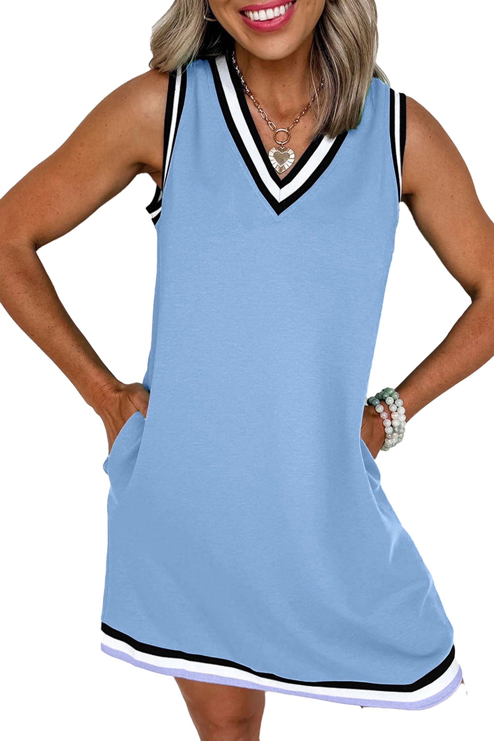 myosotis sleeveless v neck mini dress H Line light blue with black and white trim front pockets LuckeLadybug