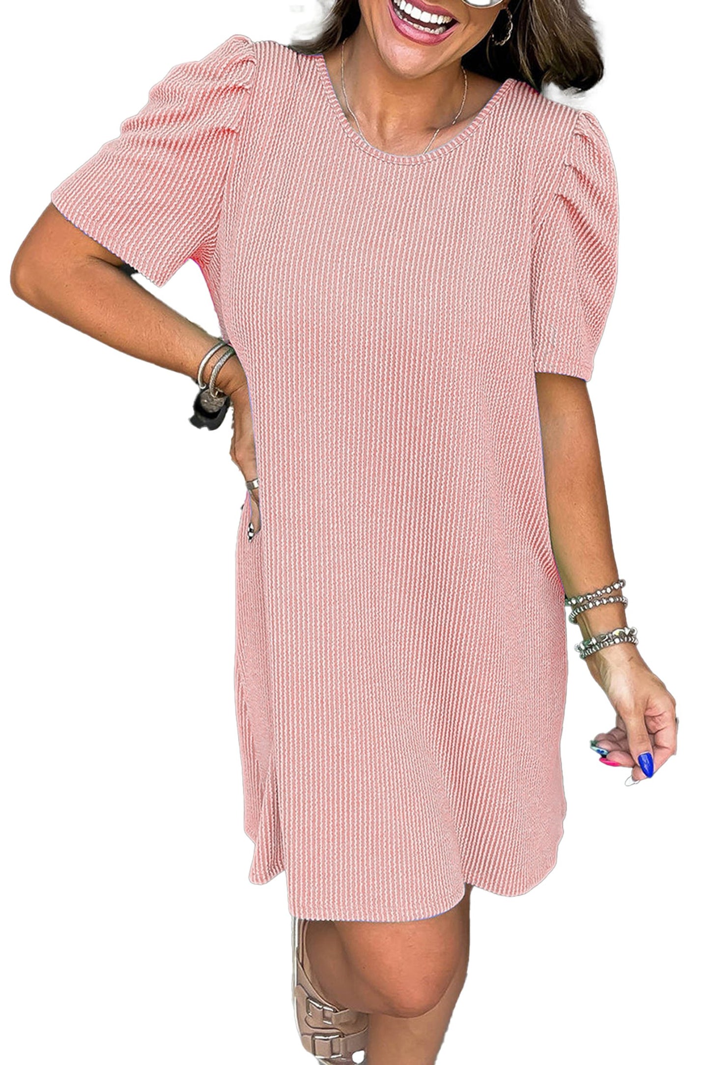 LuckeLadybug parchment knit mini dress in dusty rose textured knit with puff sleeves and H line fit
