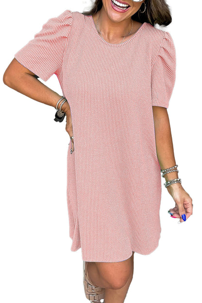 LuckeLadybug parchment knit mini dress in dusty rose textured knit with puff sleeves and H line fit