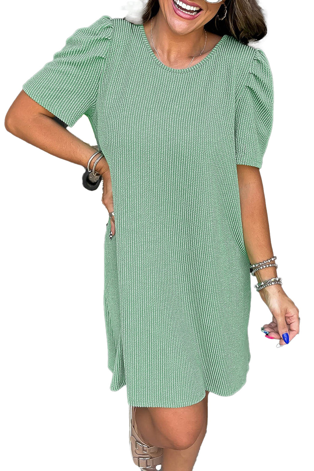 LuckeLadybug H Line parchment knit mini dress sage green textured knit with puff sleeves and above knee hem