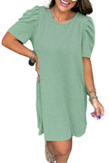 LuckeLadybug H Line parchment knit mini dress sage green textured knit with puff sleeves and above knee hem