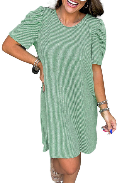 LuckeLadybug H Line parchment knit mini dress sage green textured knit with puff sleeves and above knee hem